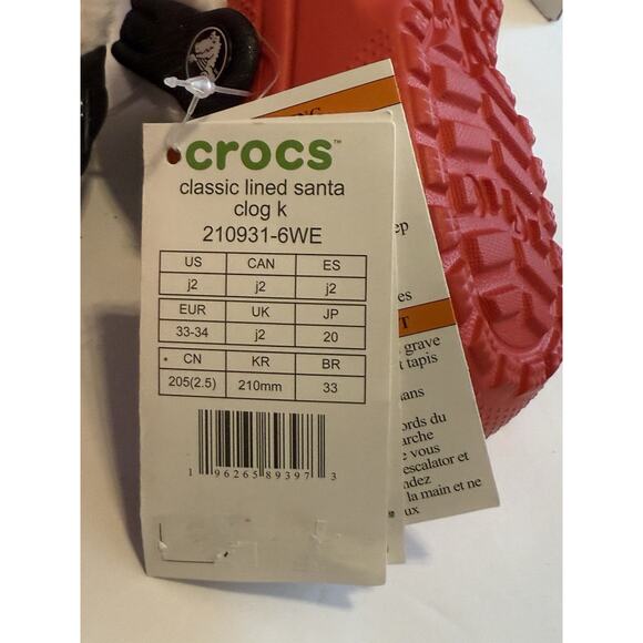 Crocs Classic Lined Santa Clog Kids Size J2 Red Faux Fur Cozy Holiday - Picture 6 of 8